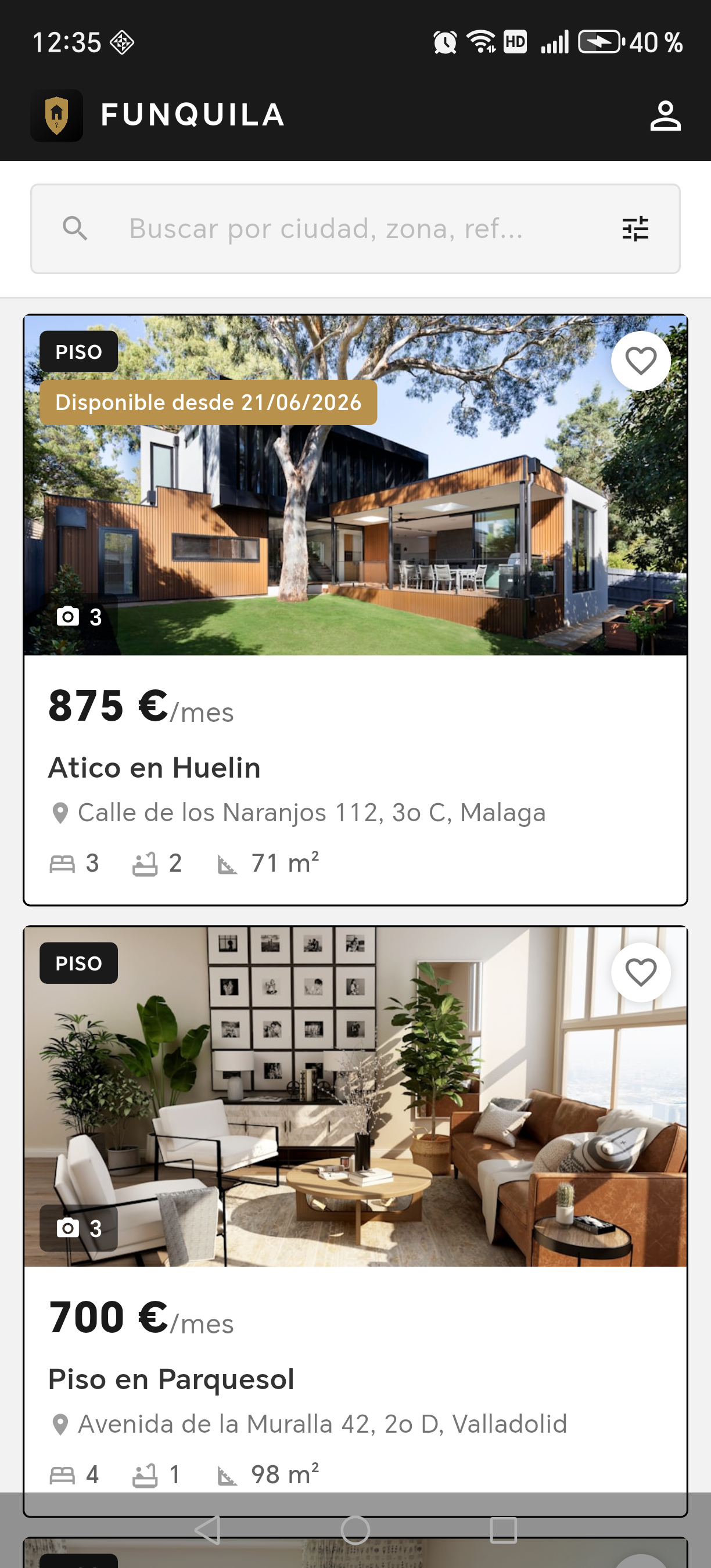 Pantalla de inicio de la app Funquila con el listado de viviendas