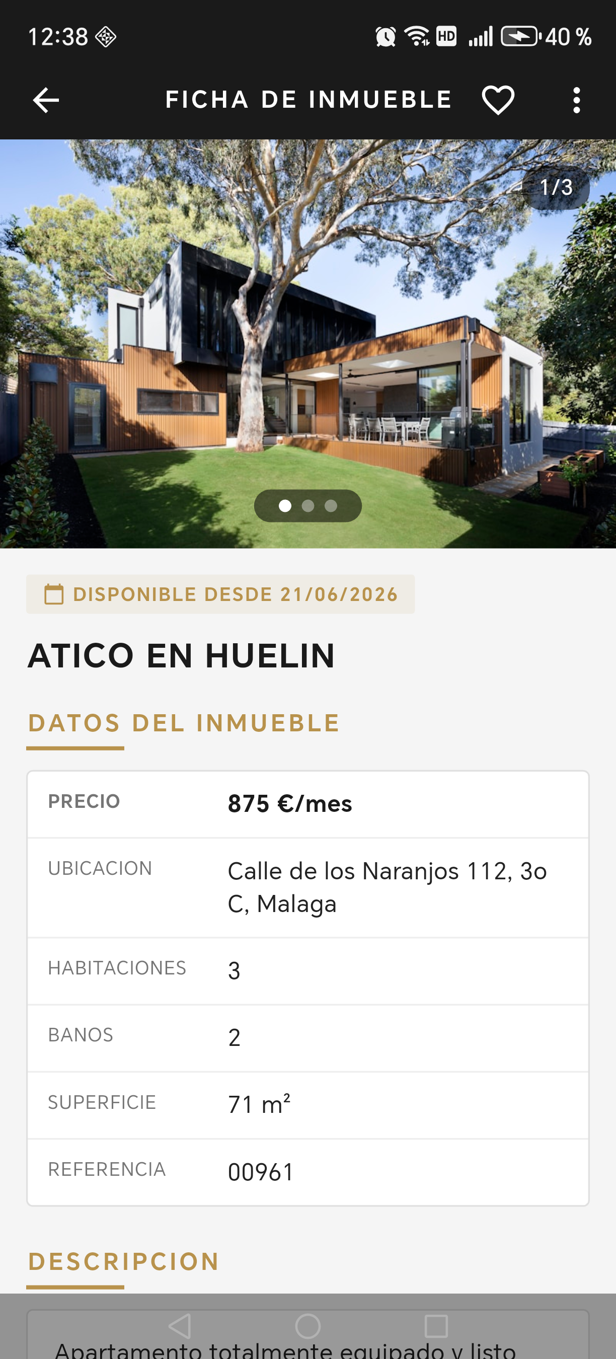 Pantalla de detalle de una vivienda publicada en Funquila