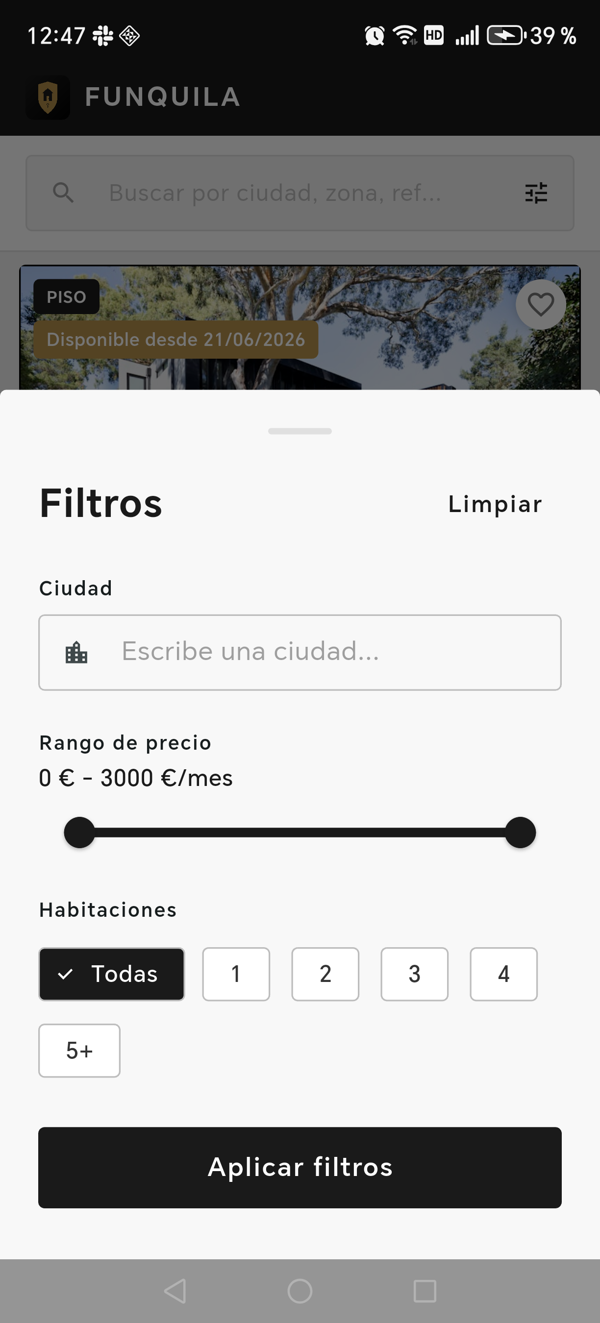 Pantalla de filtros de búsqueda de la app Funquila